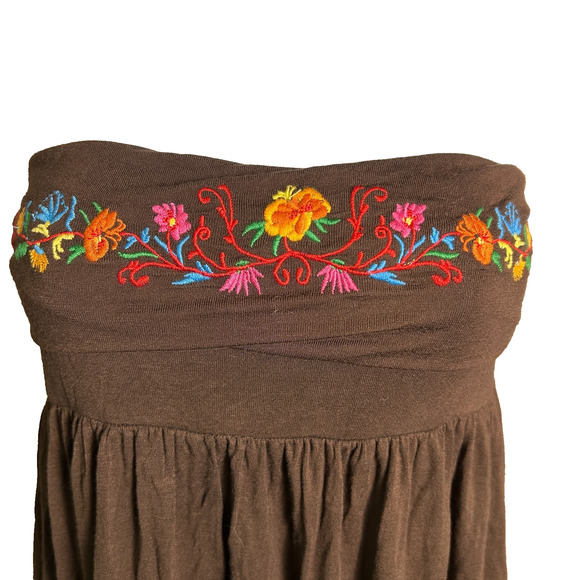 Vintage 90s Lapis Embroidered Sleeveless Boho Midi Dress Womens L Brown Foldover - Picture 2 of 7